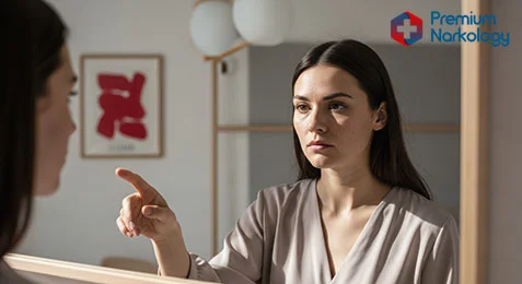 Девушка с непониманием смотрит в зеркало